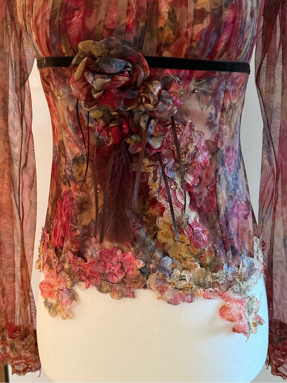 Floral Sheer Long-Sleeve Top in Burgundy Pink - Picture 2 of 5